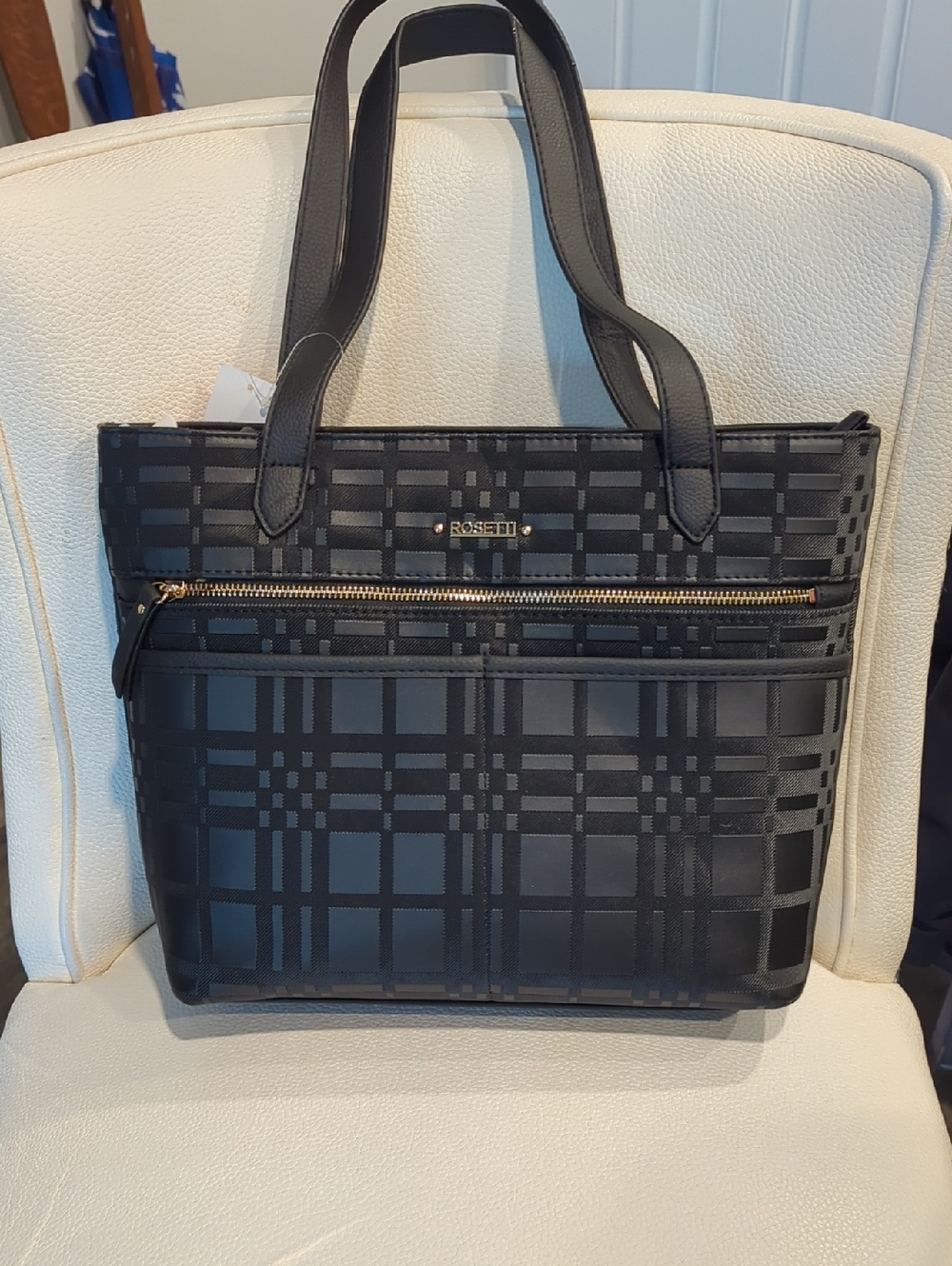 Rosetti Black Plaid Structured Tote with Gold Hardware